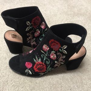 Black Suede Floral Embroidered & Beaded Heels